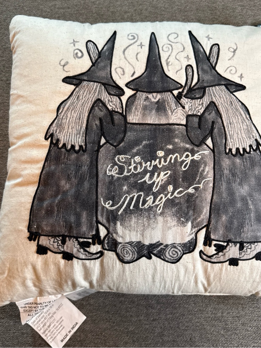 Kohl's Black & Cream Witch Trio Stirring up Magic Cauldron Accent Pillow
